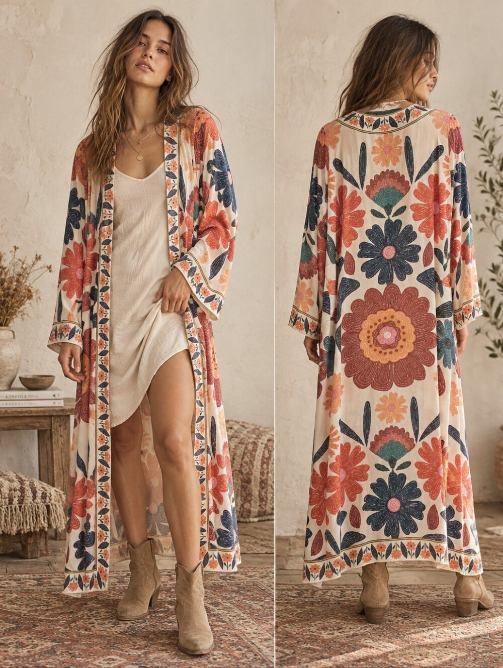 Boho Floral Kimono Beach Cover Up Size XL Sheer Maxi Duster EUC